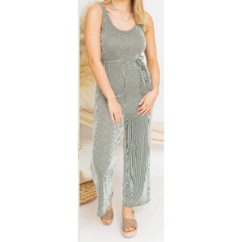 Timing Striped Belted Sleeveless Jumpsuit NWOT
